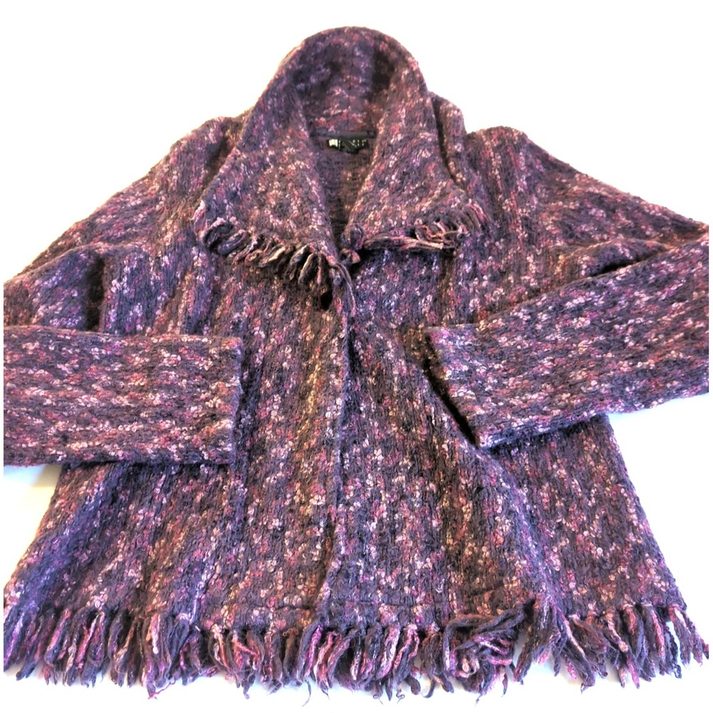Purple Boucle Knit Sweater Women XL Cardigan Fringe Collared Chic On Trend Color